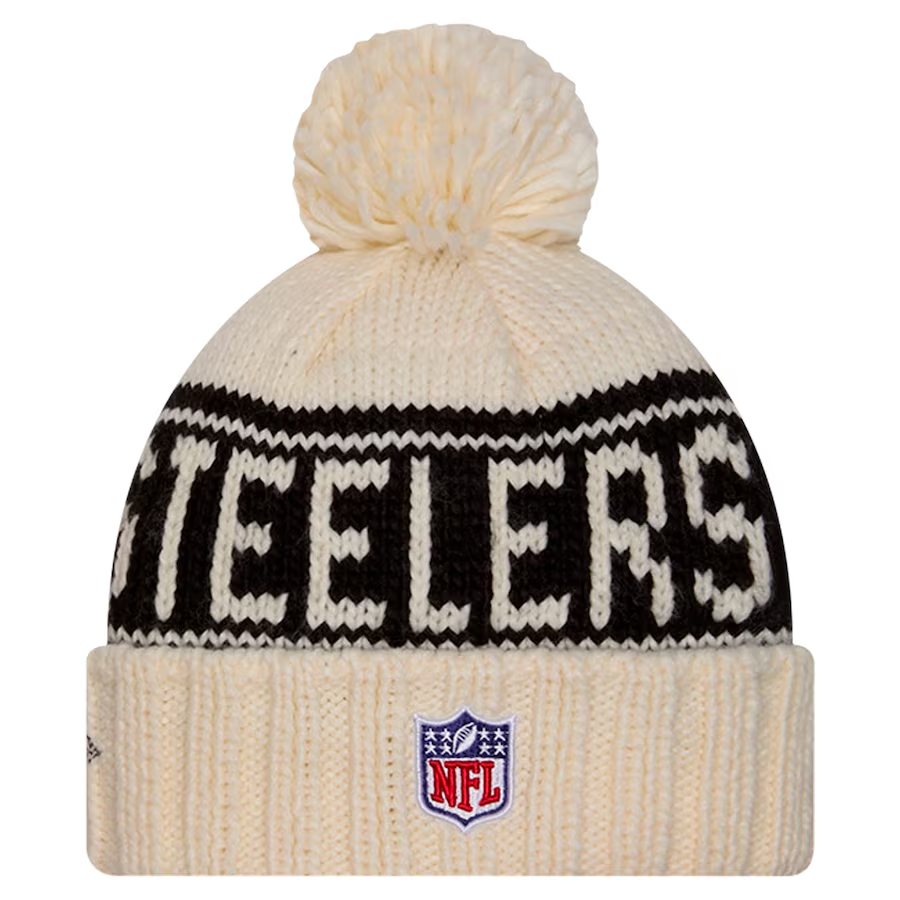 PITTSBURGH STEELERS WOMEN'S 2024 NFL SIDELINE CUFFED KNIT BEANIE WITH POM - CREAM