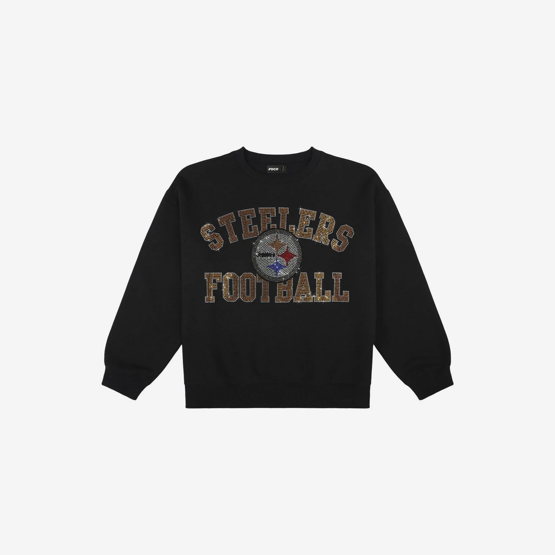 PITTSBURGH STEELERS WOMEN'S FOCO RHINESTONE LOGO OVERSIZED CREW NECK SWEATSHIRT - BLACK