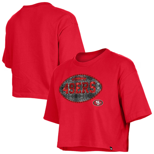 SAN FRANCISCO 49ERS GIRLS NEW ERA  FOOTBALL FLIP SEQUINS BOXY T-SHIRT - RED