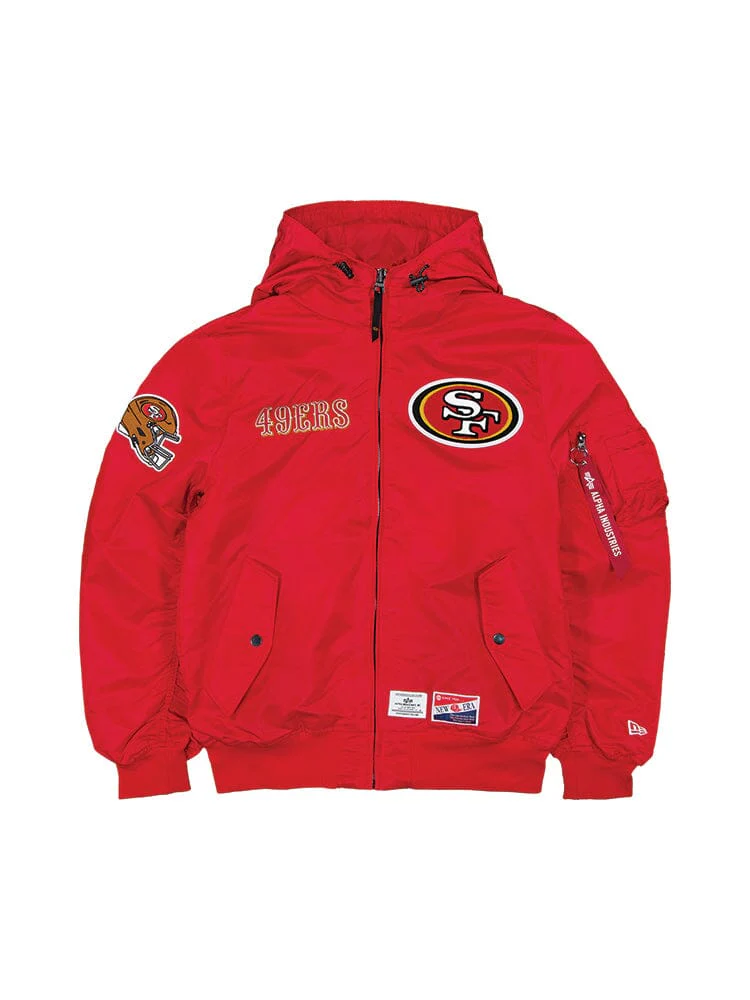 SAN FRANCISCO 49ERS MEN'S NEWERA X ALPHA INDUSTRIES L-2B HOODED BOMBER JACKET - RED
