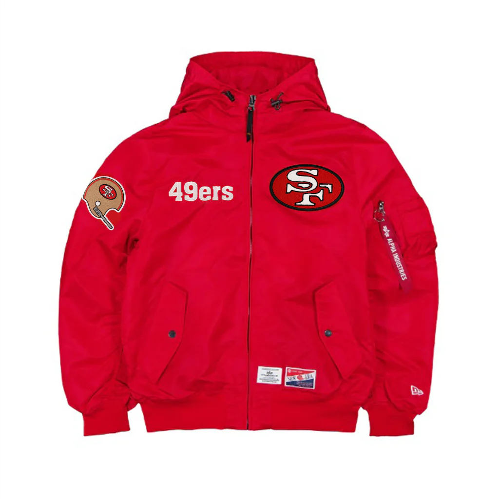 SAN FRANCISCO 49ERS MEN'S RETRO NEWERA X ALPHA INDUSTRIES L-2B HOODED BOMBER JACKET - RED