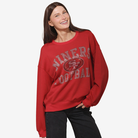 SAN FRANCISCO 49ERS WOMEN'S FOCO RHINESTONE LOGO OVERSIZED CREW NECK SWEATSHIRT - RED