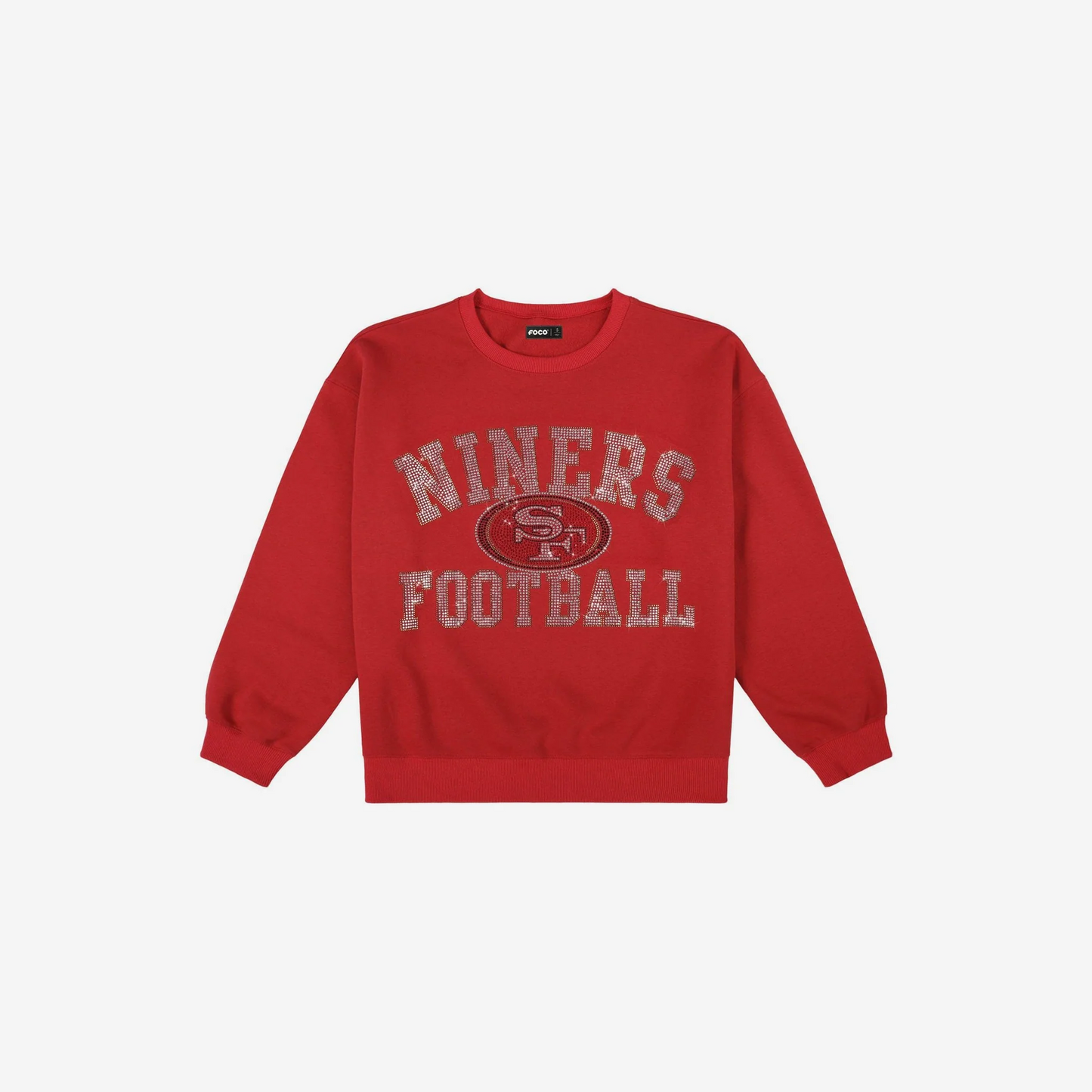 SAN FRANCISCO 49ERS WOMEN'S FOCO RHINESTONE LOGO OVERSIZED CREW NECK SWEATSHIRT - RED