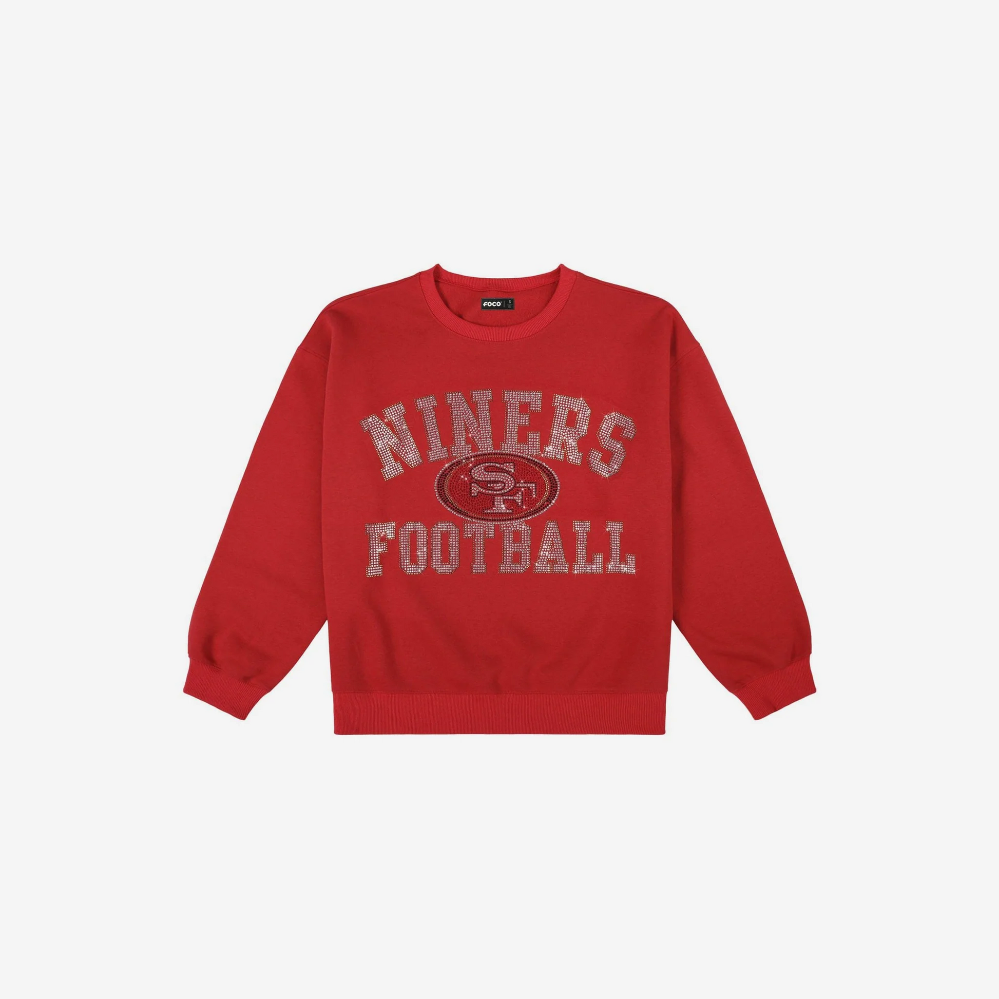 SAN FRANCISCO 49ERS WOMEN'S FOCO RHINESTONE LOGO OVERSIZED CREW NECK SWEATSHIRT - RED
