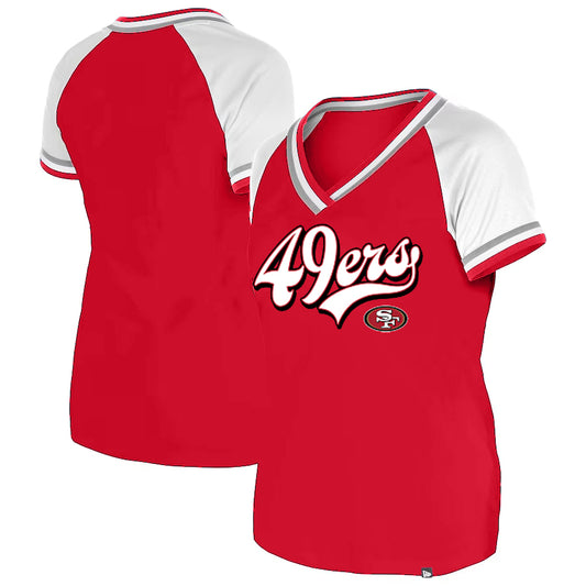 SAN FRANCISCO 49ERS WOMEN'S GLITTER SCRIPT RAGLAN V-NECK T-SHIRT - RED