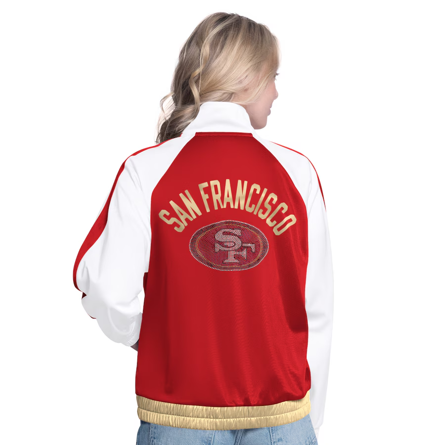 SAN FRANCISCO 49ERS WOMEN'S RALLY RHINESTONE RAGLAN FULL-ZIP TRACK JACKET - WHITE/RED