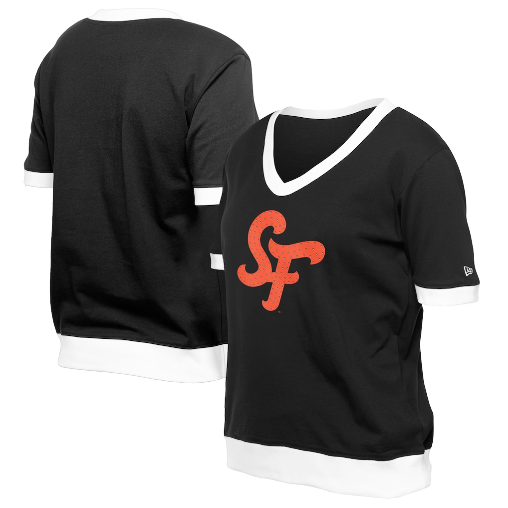 SAN FRANCISCO GIANTS WOMEN'S 2025 MLB CITY CONNECT RHINESTONE V-NECK T-SHIRT - BLACK