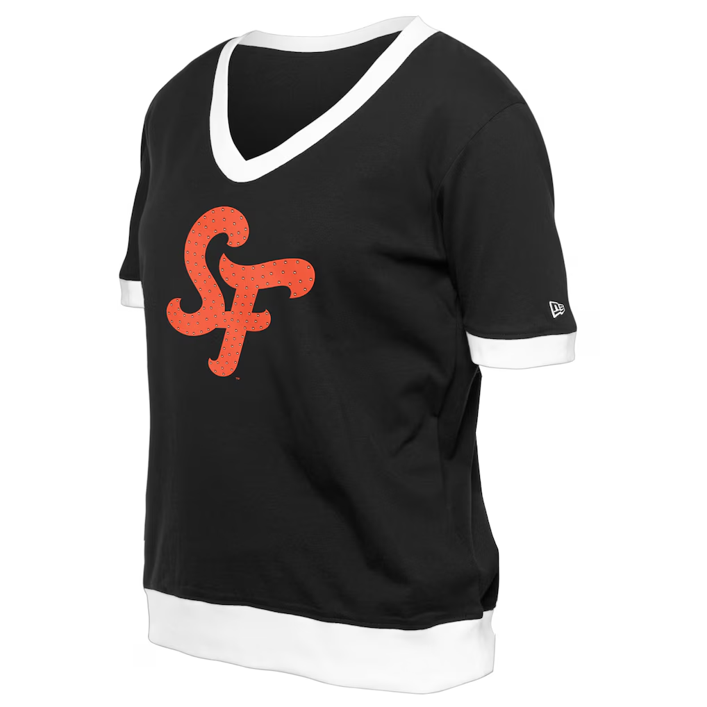 SAN FRANCISCO GIANTS WOMEN'S 2025 MLB CITY CONNECT RHINESTONE V-NECK T-SHIRT - BLACK