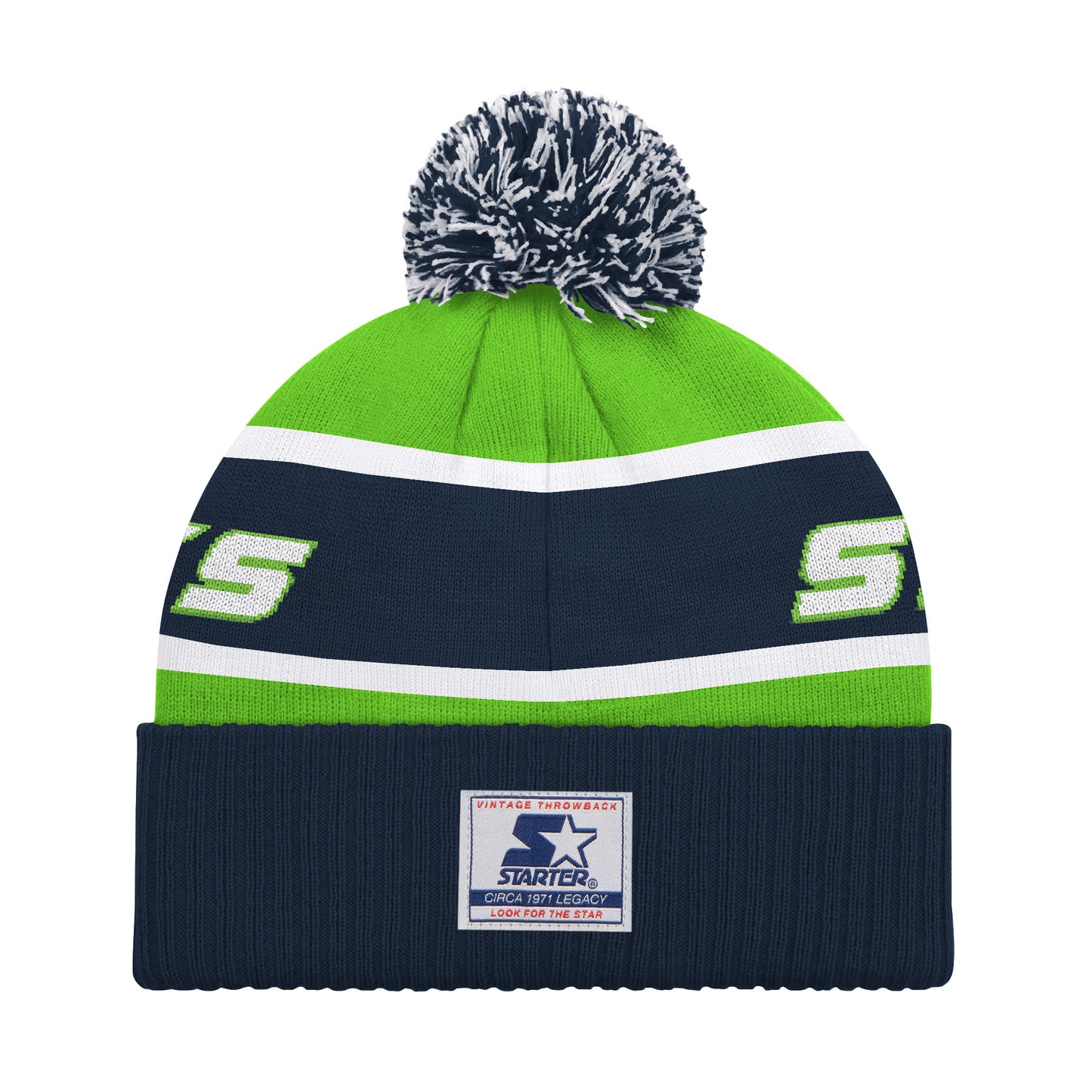 SEATTLE SEAHAWKS MEN'S STARTER LEGACY CUFFED KNIT WITH POM - GREEN/NAVY
