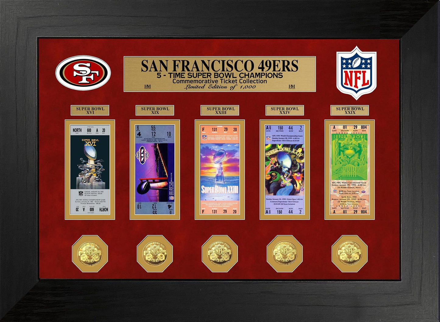 COLECCIÓN DE BOLETOS CON MONEDAS DE ORO DELUXE DE LOS CAMPEONES DEL SUPER BOWL DE SAN FRANCISCO 49ERS