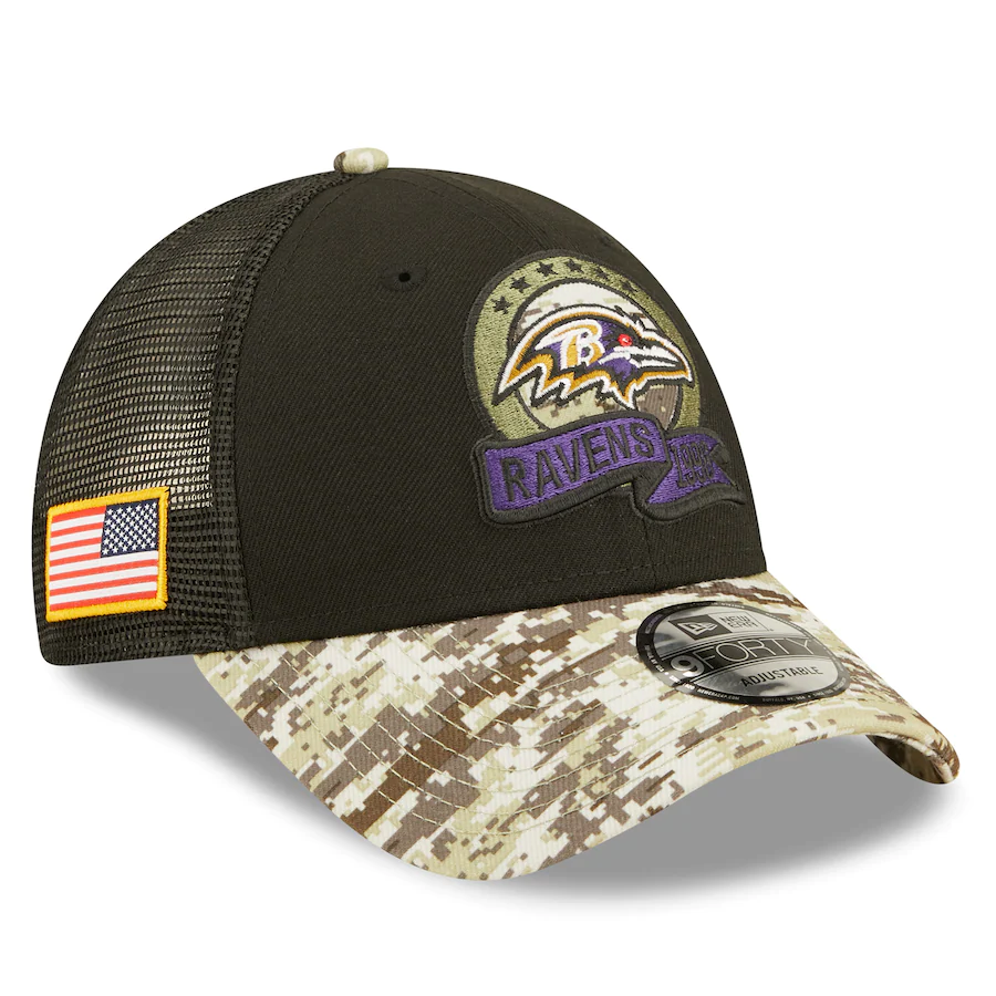 BALTIMORE RAVENS 2022 SALUTE TO SERVICE 9FORTY ADJUSTABLE TRUCKER HAT JR S SPORTS