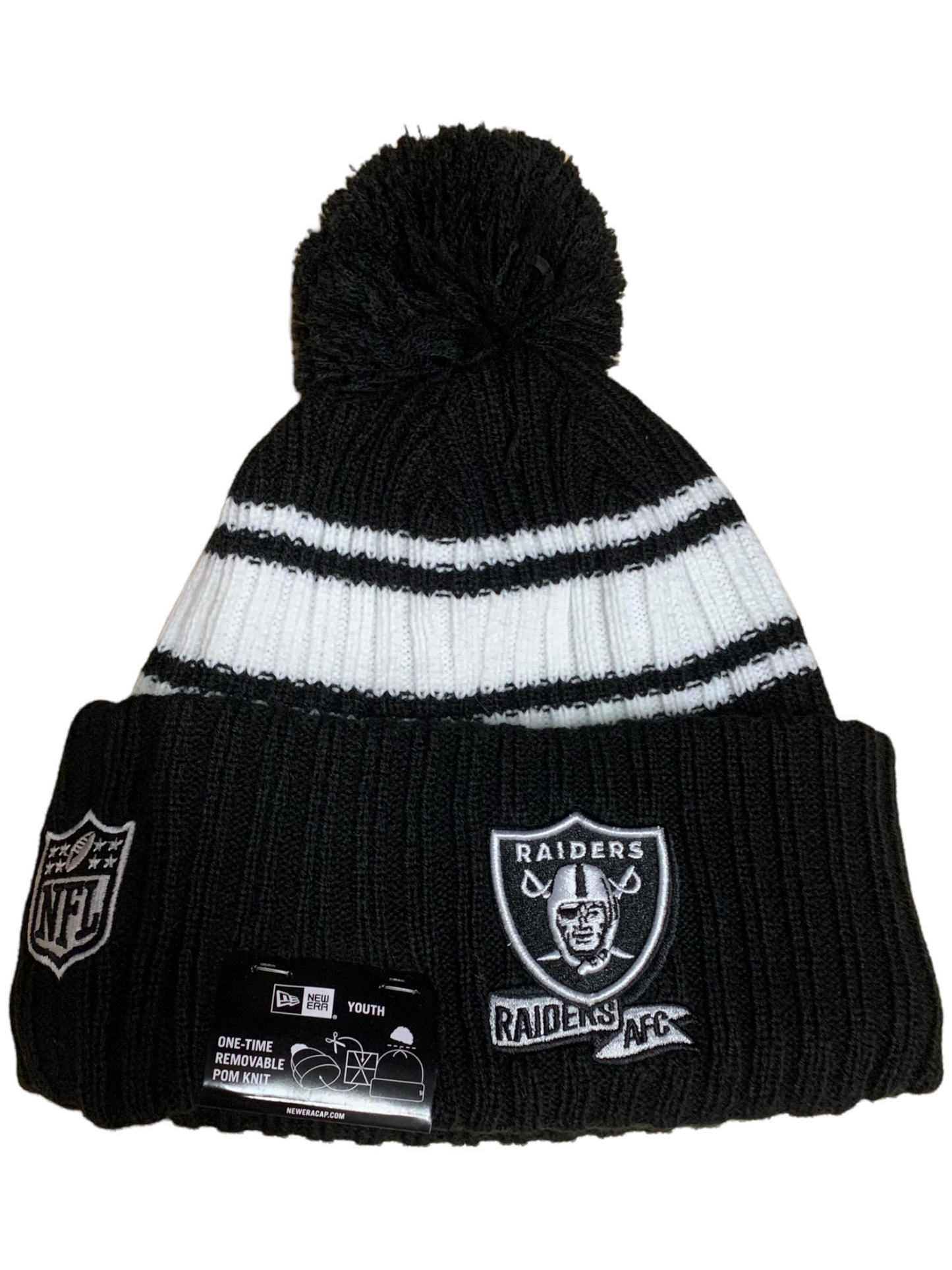 LAS VEGAS RAIDERS YOUTH 2022 SIDELINE SPORT CUFFED POM KNIT -BLACK/WHITE