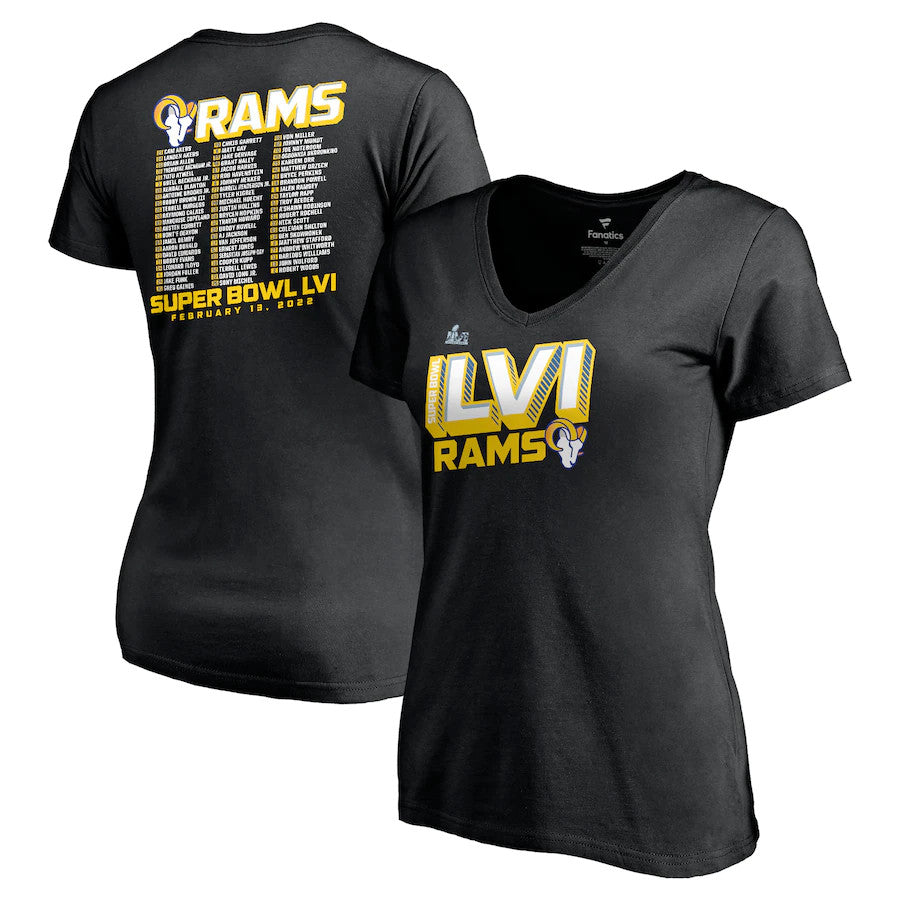 Women's Fanatics Branded Black Los Angeles Rams Super Bowl LVI Bound Tilted Roster V-Neck T-Shirt