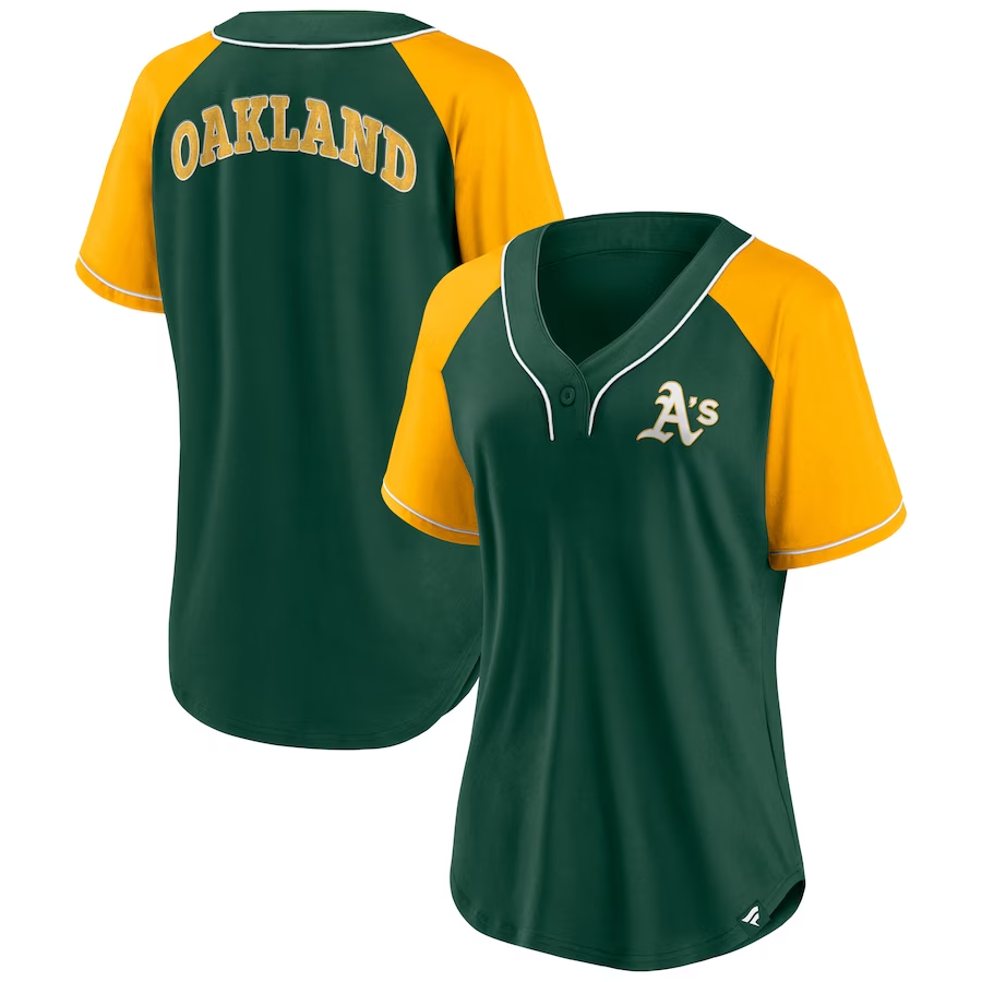 oakland athletics gear Women's Fanatics Branded Green/Gold Oakland Athletics Iconic Diva T-Shirt Size: Medium