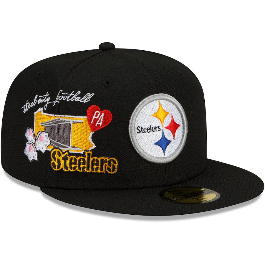 New Era Pittsburgh Steelers Black City Cluster 59FIFTY Fitted Hat, Black, POLYESTER, Size 7 1/4, Rally House