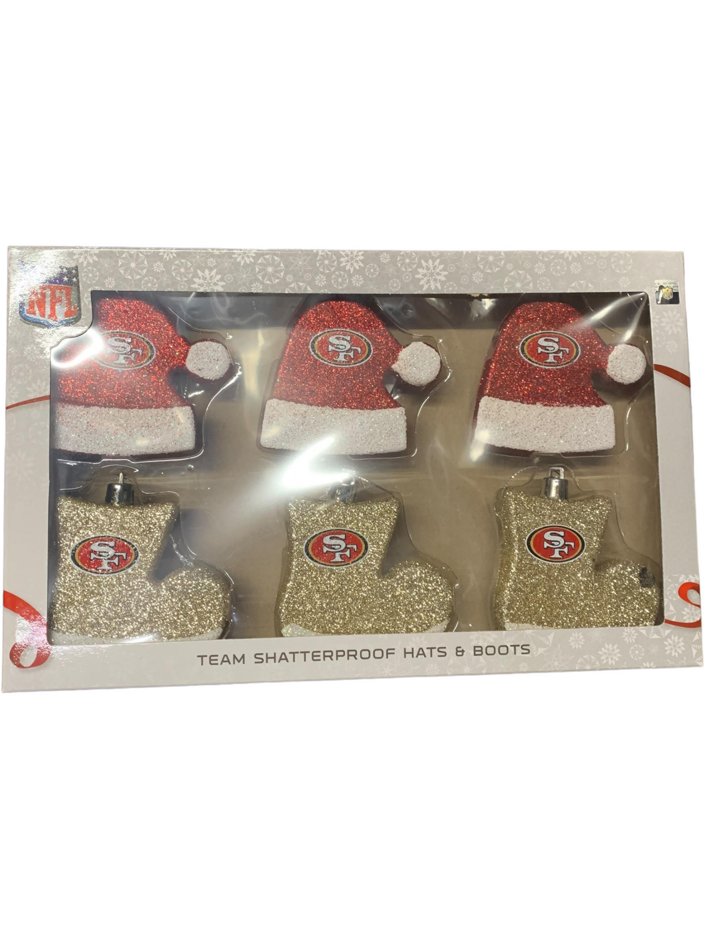 SAN FRANCISCO 49ERS 6PK SANTA HATS AND BOOTS SHATTERPROOF CHRISTMAS ORNAMENTS