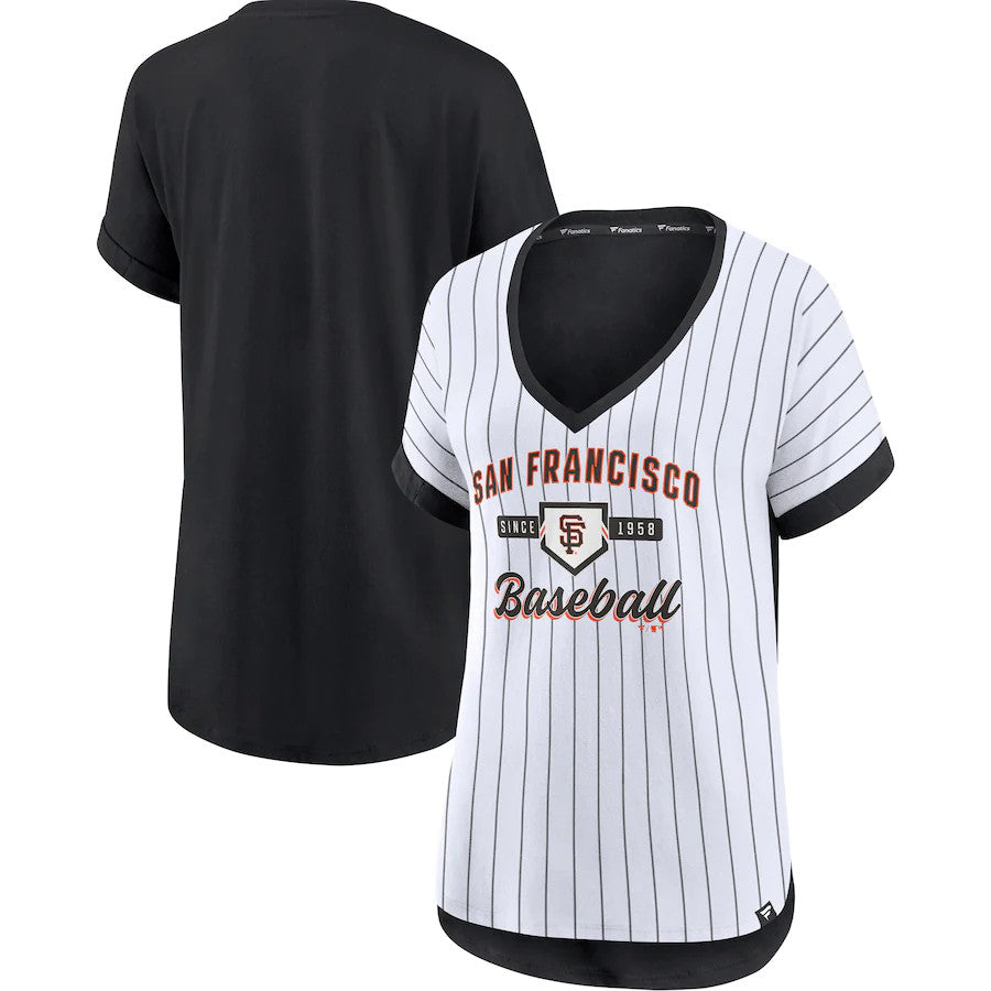 Women's Fanatics Branded White/Black San Francisco Giants Iconic Noise Factor Pinstripe V-Neck T-Shirt