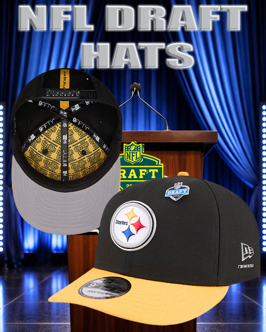 2026 NFL Draft hats by New Era featuring precurved brims, 59FIFTY fitted caps with NFL pin, and snapbacks with liquid chrome team logos