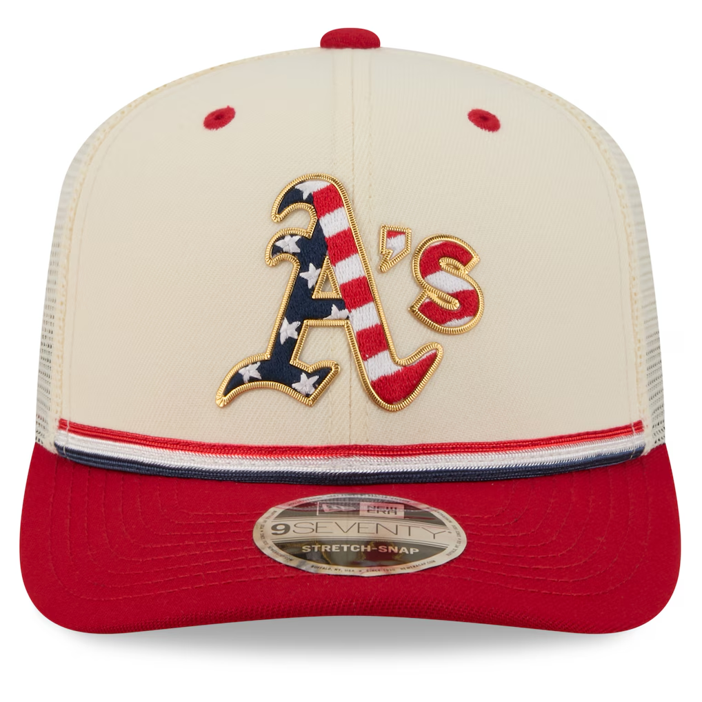 ATHLETICS 2026 MLB USA 250 4TH OF JULY 9SEVENTY ADJUSTABLE SNAPBACK TRUCKER HAT - CHROME WHITE/RED
