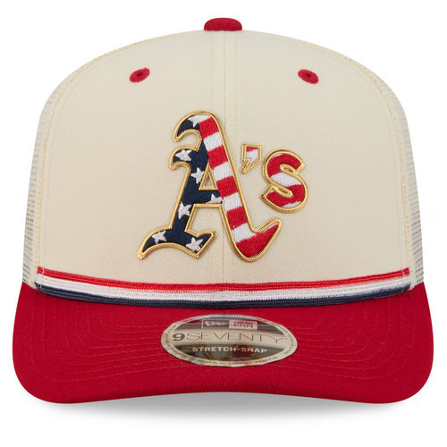 ATHLETICS 2026 MLB USA 250 4TH OF JULY 9SEVENTY ADJUSTABLE SNAPBACK TRUCKER HAT - CHROME WHITE/RED