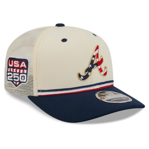 ATLANTA BRAVES 2026 MLB USA 250 4TH OF JULY 9SEVENTY ADJUSTABLE SNAPBACK TRUCKER HAT - CHROME WHITE/NAVY