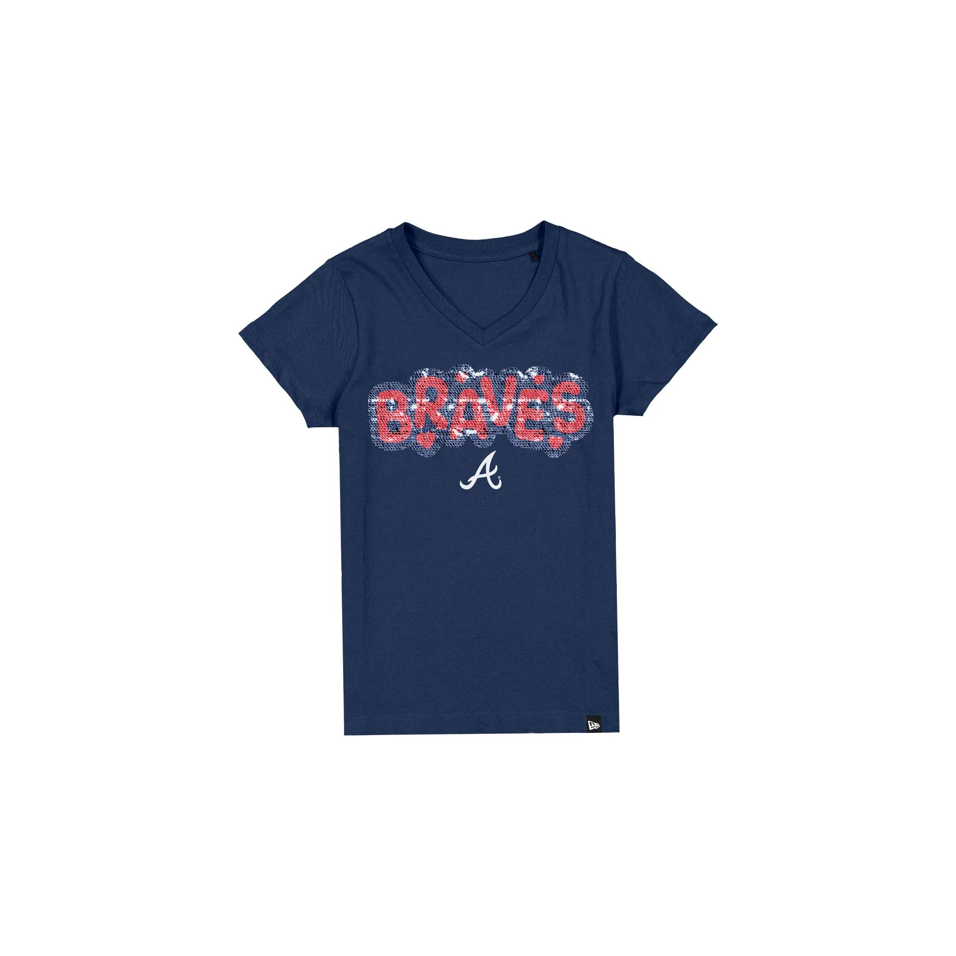 ATLANTA BRAVES GIRLS NEW ERA WAVY SEQUIN FLIP T-SHIRT - NAVY