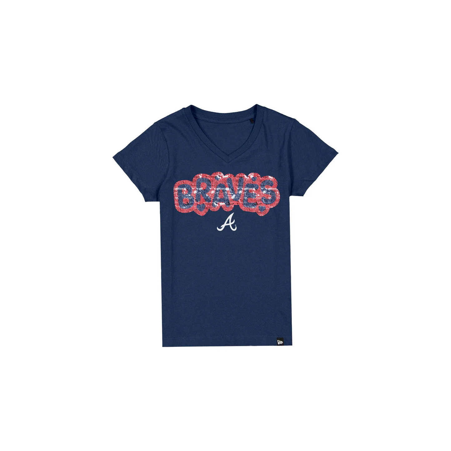 ATLANTA BRAVES GIRLS NEW ERA WAVY SEQUIN FLIP T-SHIRT - NAVY