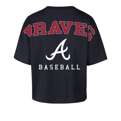 ATLANTA BRAVES WOMEN'S '47 BRAND BACK OUT CITY CROP T-SHIRT - NAVY