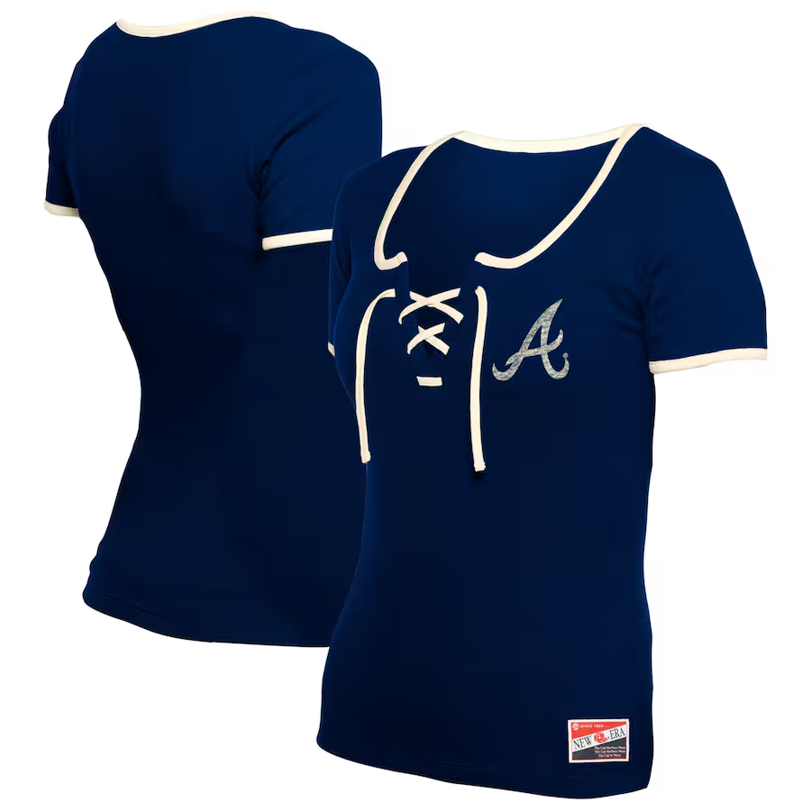 ATLANTA BRAVES WOMEN'S LACE TIE-NECK T-SHIRT - NAVY