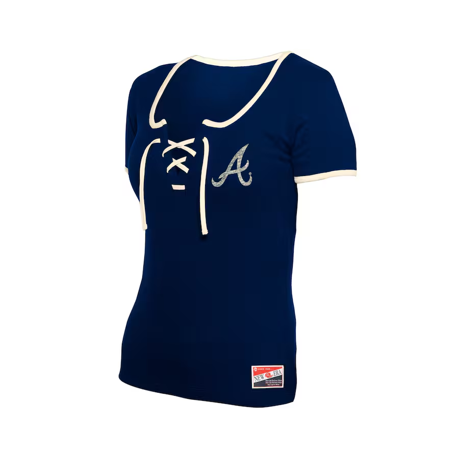 ATLANTA BRAVES WOMEN'S LACE TIE-NECK T-SHIRT - NAVY