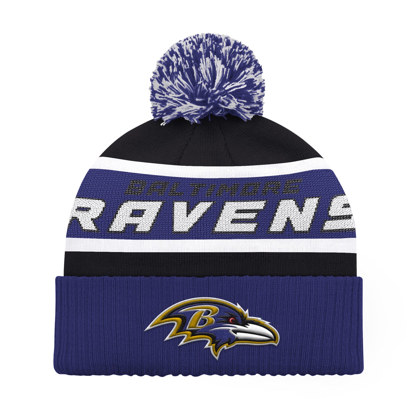 BALTIMORE RAVENS MEN'S STARTER LEGACY CUFFED KNIT WITH POM - BLACK/PURPLE