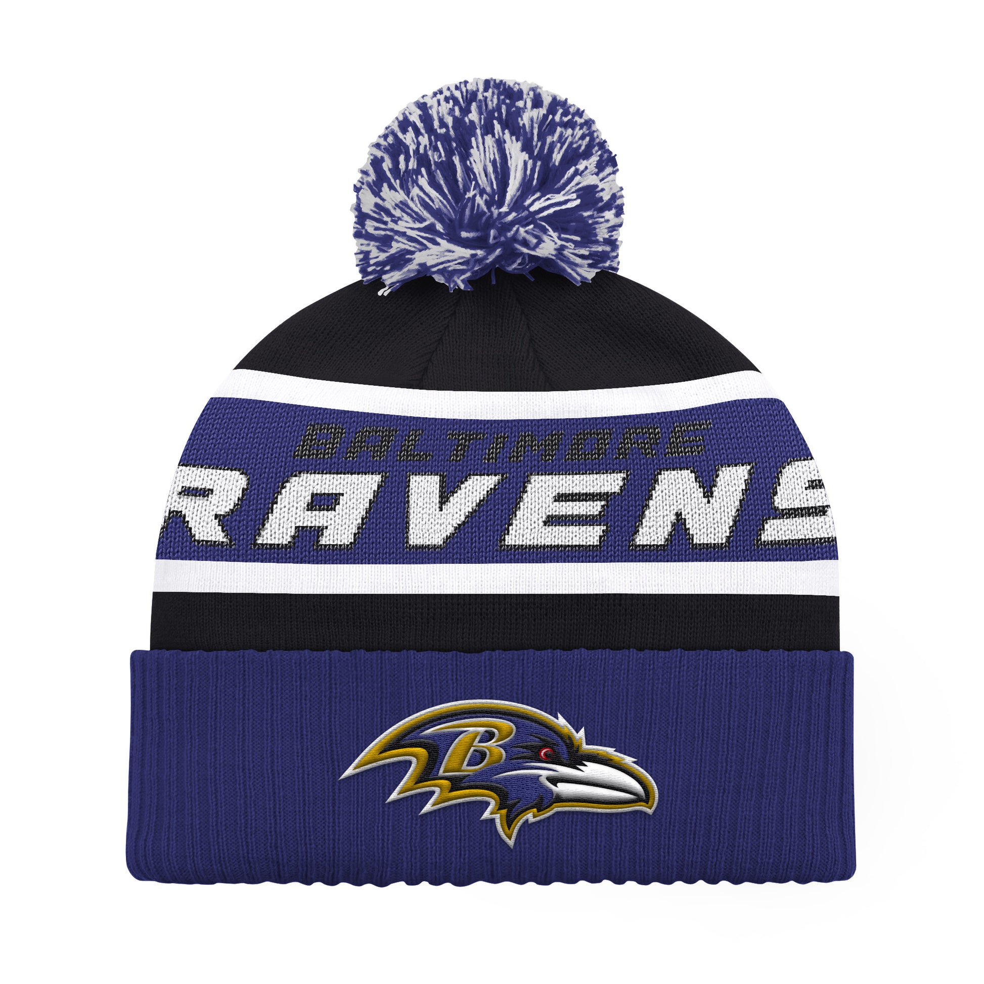 BALTIMORE RAVENS MEN'S STARTER LEGACY CUFFED KNIT WITH POM - BLACK/PURPLE