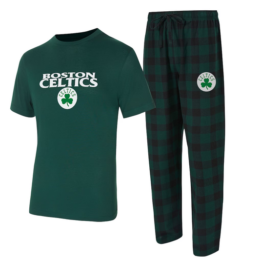 BOSTON CELTICS MEN'S COLLEGE CONCEPTS AVONDALE T-SHIRT & FLANNEL PANT SLEEPWEAR SET - GREEN/BLACK