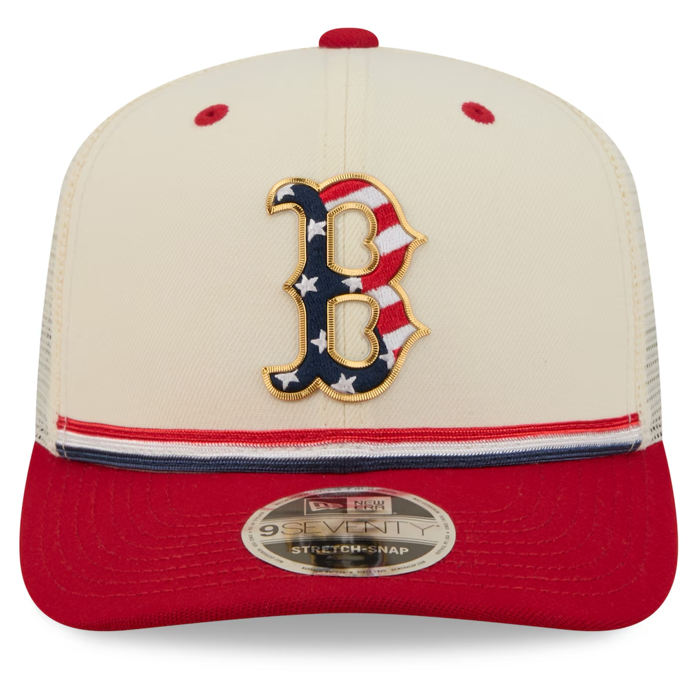 BOSTON RED SOX 2026 MLB USA 250 4TH OF JULY 9SEVENTY ADJUSTABLE SNAPBACK TRUCKER HAT - CHROME WHITE/RED