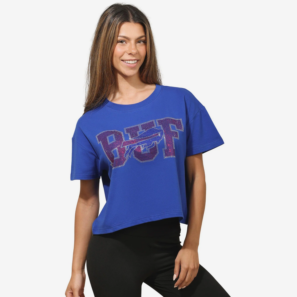 BUFFALO BILLS WOMEN'S FOCO RHINESTONE LOGO CROP TOP T-SHIRT - BLUE