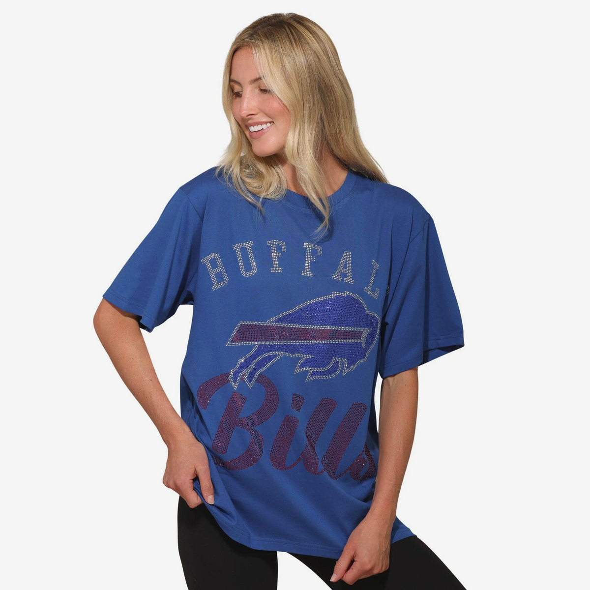 BUFFALO BILLS WOMEN'S FOCO RHINESTONE LOGO OVERSIZED T-SHIRT - BLUE