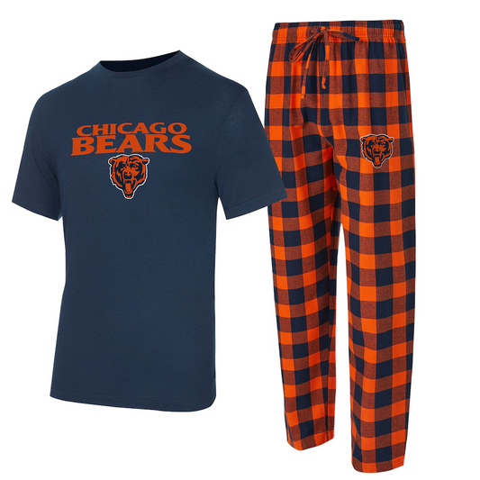 CHICAGO BEARS MEN'S COLLEGE CONCEPTS AVONDALE T-SHIRT & FLANNEL PANT SLEEPWEAR SET - NAVY/ORANGE