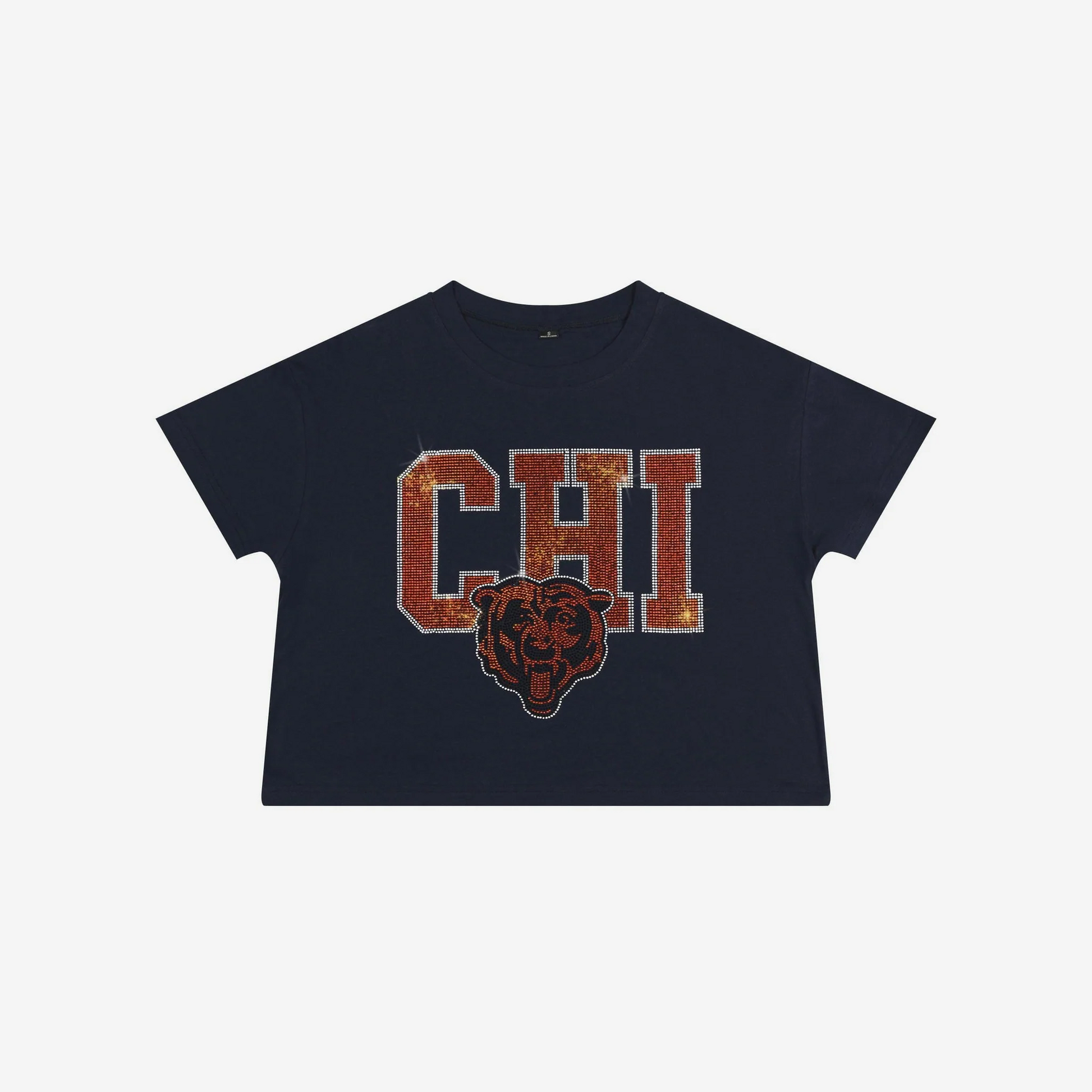 CHICAGO BEARS WOMEN'S FOCO RHINESTONE LOGO CROP TOP T-SHIRT - NAVY
