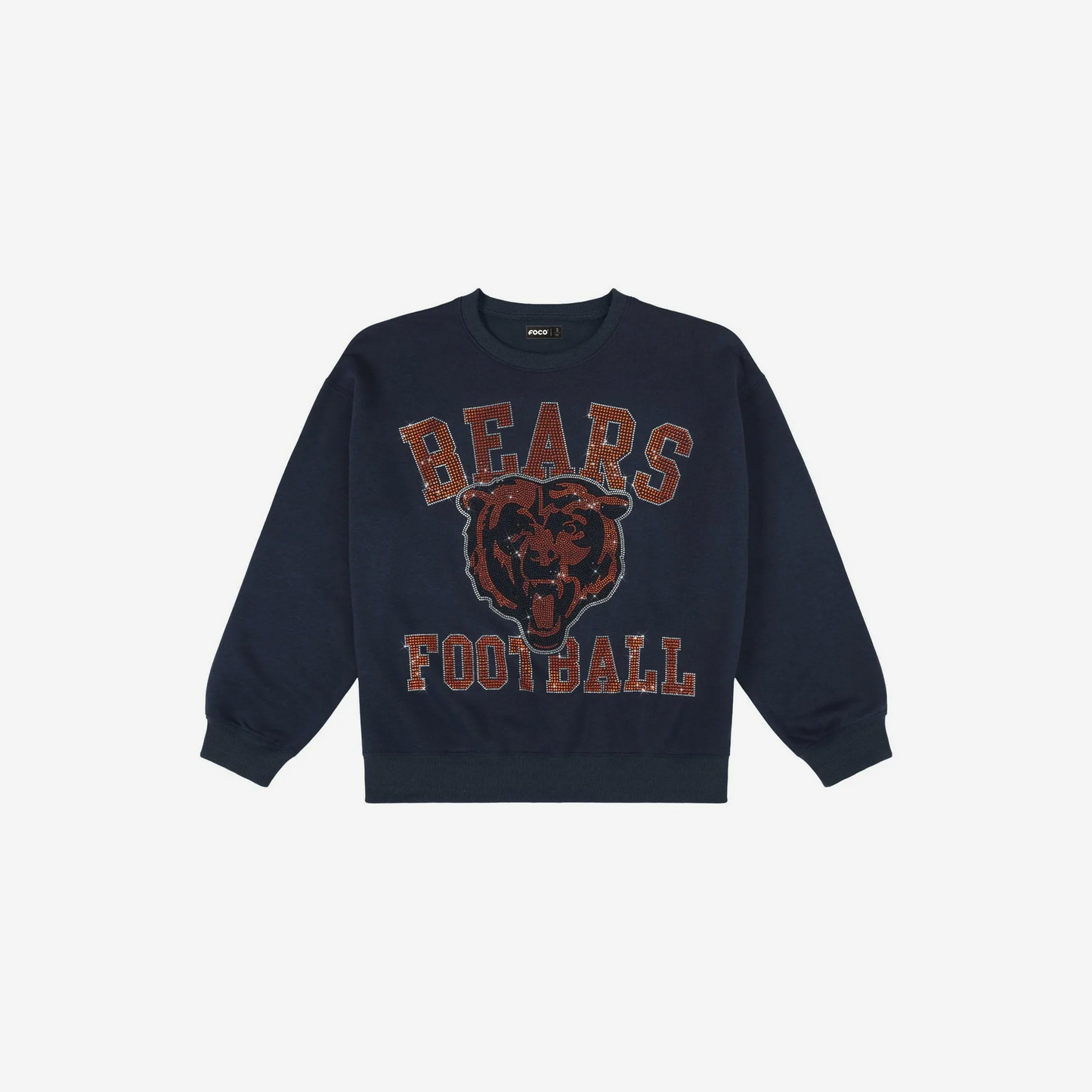 CHICAGO BEARS WOMEN'S FOCO RHINESTONE LOGO OVERSIZED CREW NECK SWEATSHIRT - NAVY