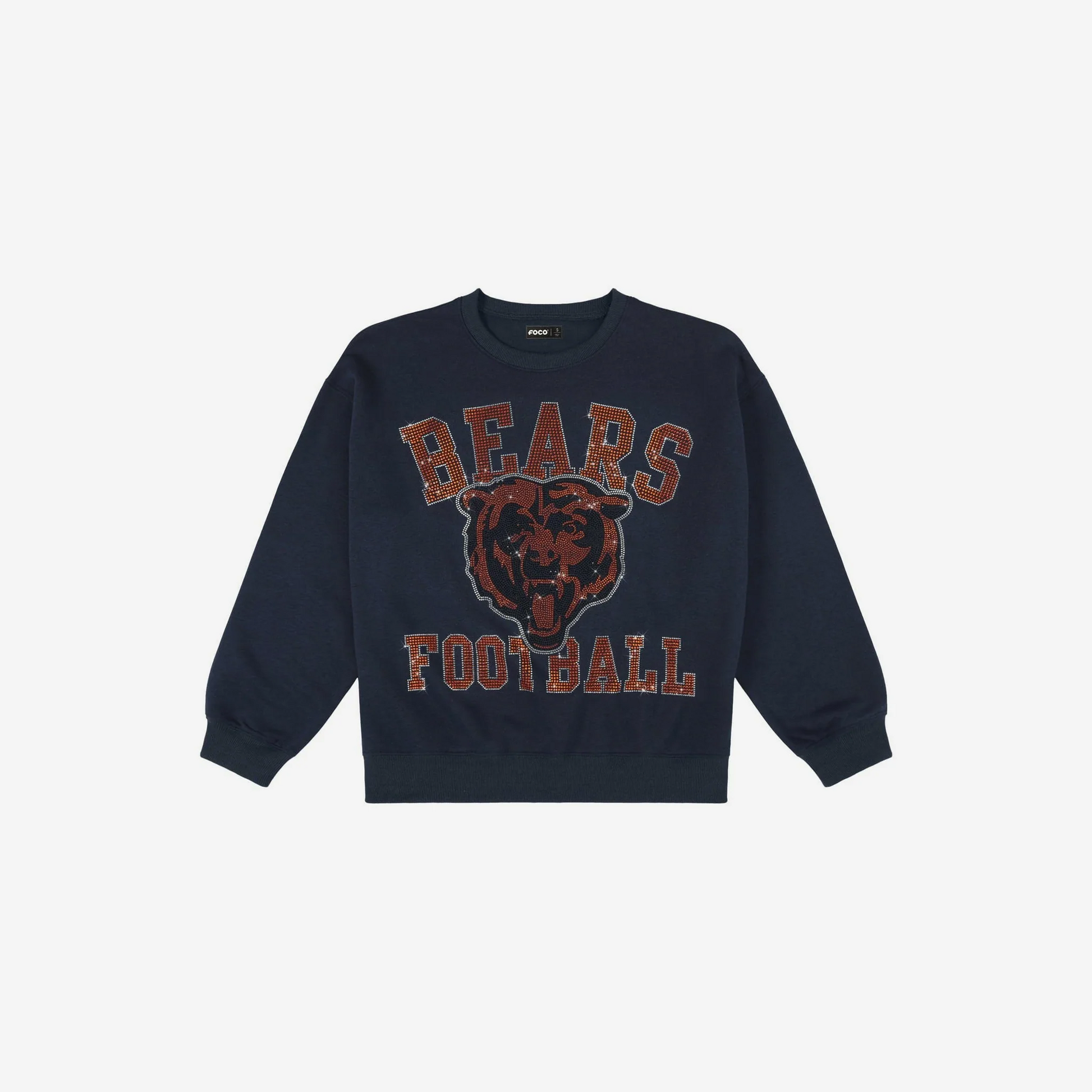 CHICAGO BEARS WOMEN'S FOCO RHINESTONE LOGO OVERSIZED CREW NECK SWEATSHIRT - NAVY