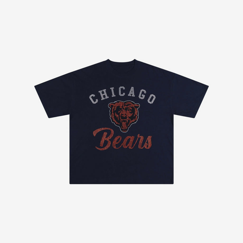 CHICAGO BEARS WOMEN'S FOCO RHINESTONE LOGO OVERSIZED T-SHIRT - NAVY