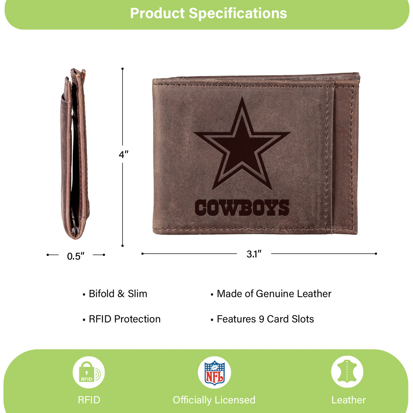 DALLAS COWBOYS FRONT POCKET SLIM CARD HOLDER WITH RFID BLOCKING