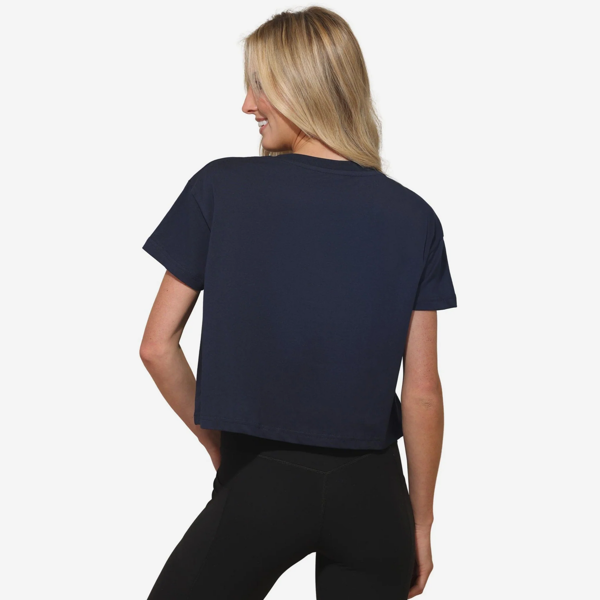 DALLAS COWBOYS WOMEN'S FOCO RHINESTONE LOGO CROP TOP T-SHIRT - NAVY