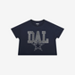 DALLAS COWBOYS WOMEN'S FOCO RHINESTONE LOGO CROP TOP T-SHIRT - NAVY