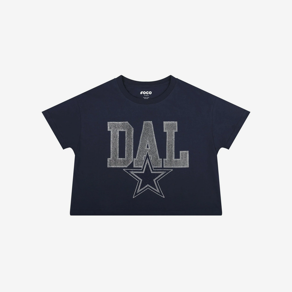 DALLAS COWBOYS WOMEN'S FOCO RHINESTONE LOGO CROP TOP T-SHIRT - NAVY