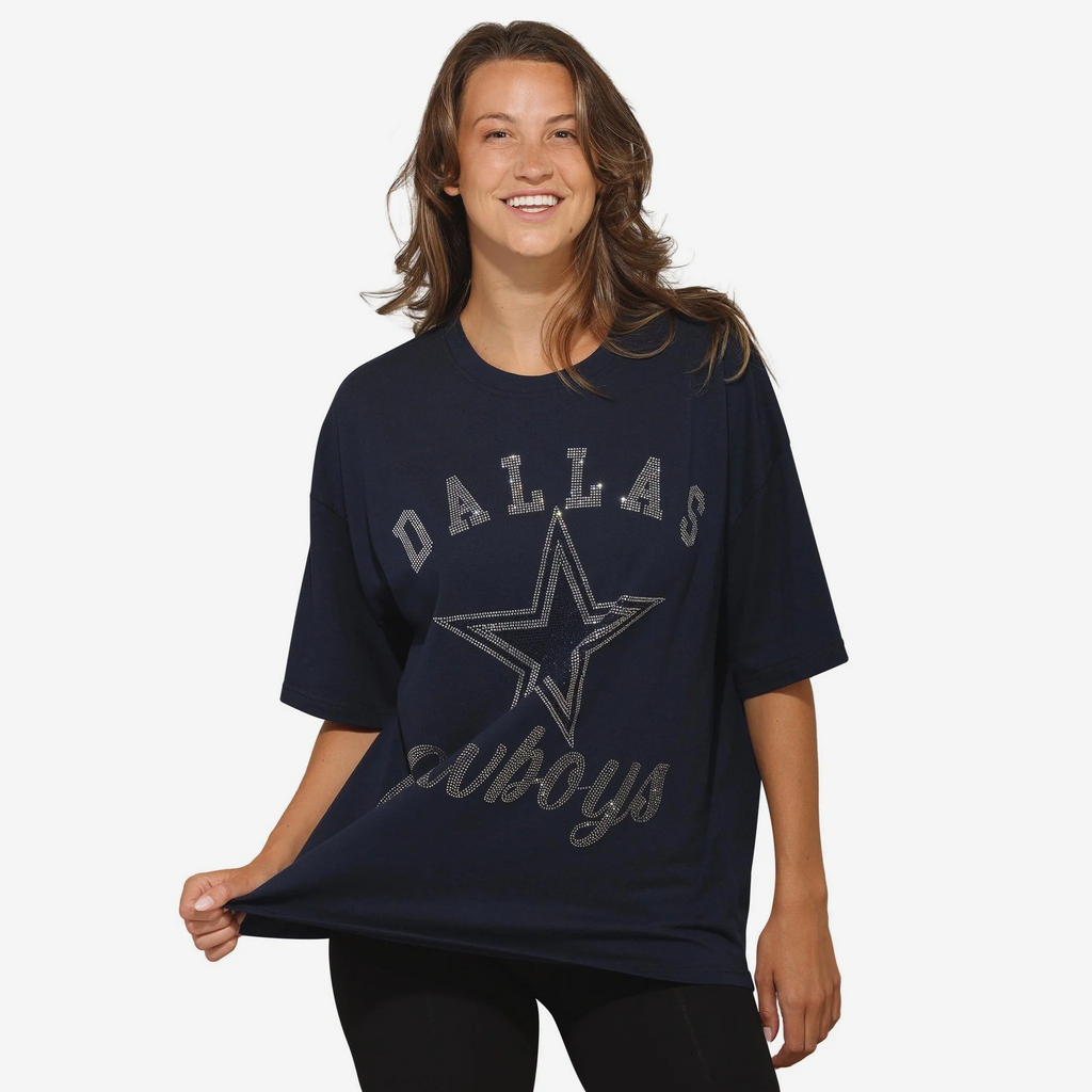 DALLAS COWBOYS WOMEN'S FOCO RHINESTONE LOGO OVERSIZED T-SHIRT - NAVY