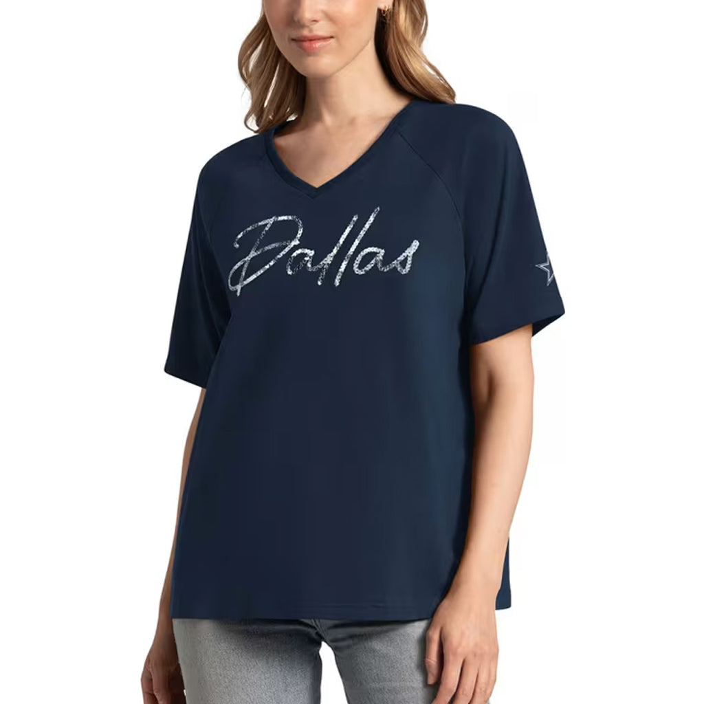 DALLAS COWBOYS WOMEN'S G-III 4HER BY CARL BANKS CAPTAIN SEQUIN BLING T-SHIRT - NAVY