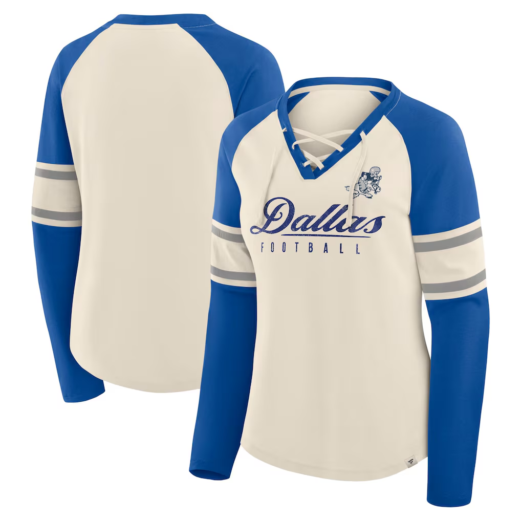 DALLAS COWBOYS WOMEN'S GRIDIRON HERO RAGLAN LACE-UP V-NECK LONG SLEEVE T-SHIRT - CREAM/ROYAL