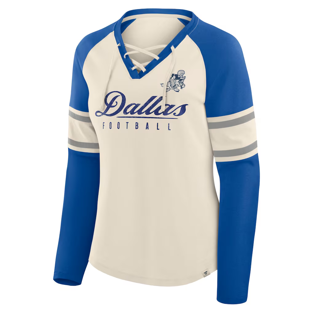 DALLAS COWBOYS WOMEN'S GRIDIRON HERO RAGLAN LACE-UP V-NECK LONG SLEEVE T-SHIRT - CREAM/ROYAL