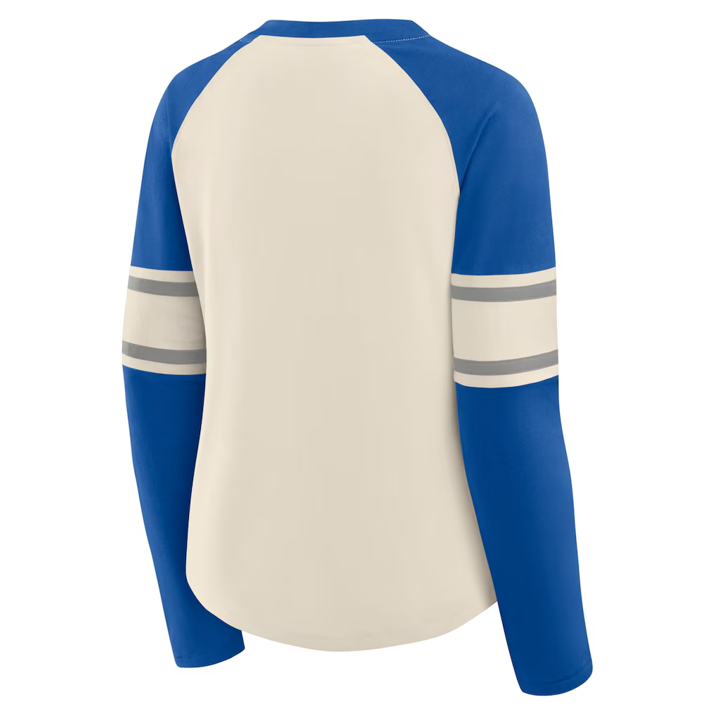 DALLAS COWBOYS WOMEN'S GRIDIRON HERO RAGLAN LACE-UP V-NECK LONG SLEEVE T-SHIRT - CREAM/ROYAL